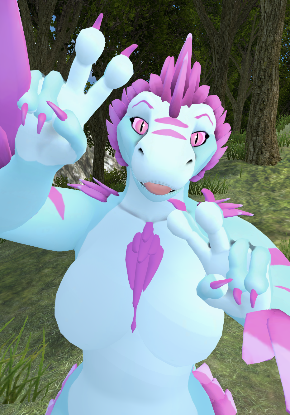 A screen shot from VRchat of my fursona Aurora in a forest smiling